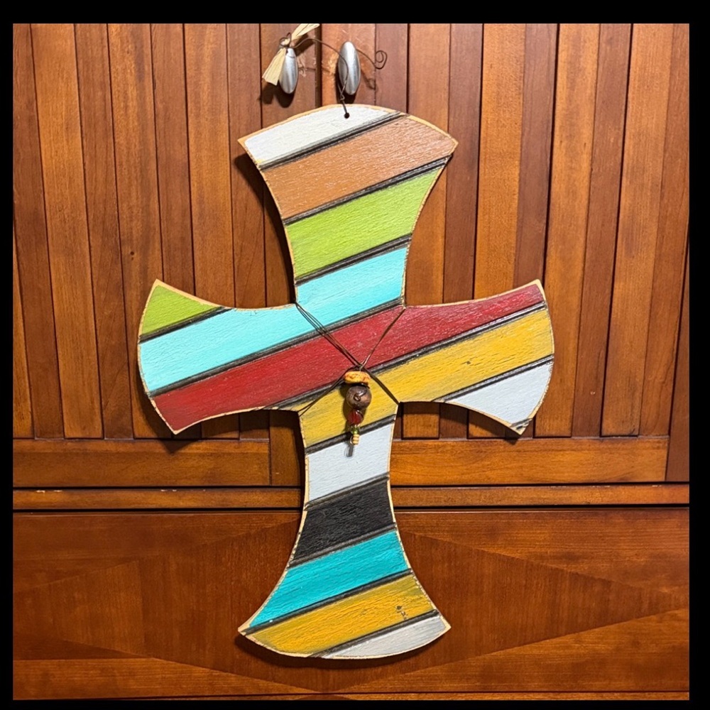 Colorful Striped Wooden Cross Wall Decor